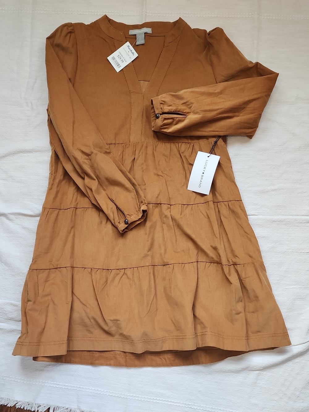 Lucky Brand Women's Rust/Tan Tiered V-Neck Long Sleeve Dress